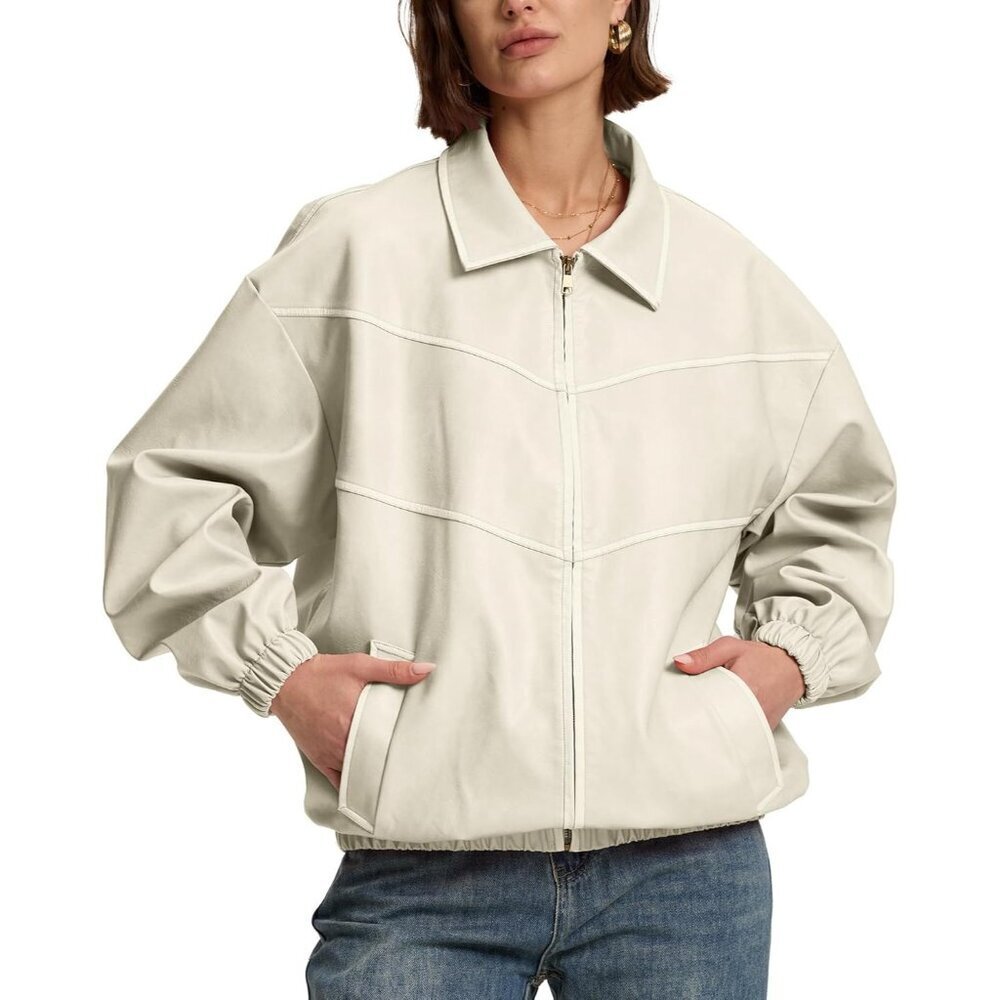Women's White Y2k Oversized Faux Leather Motorcycle Imported Jacket Vintage